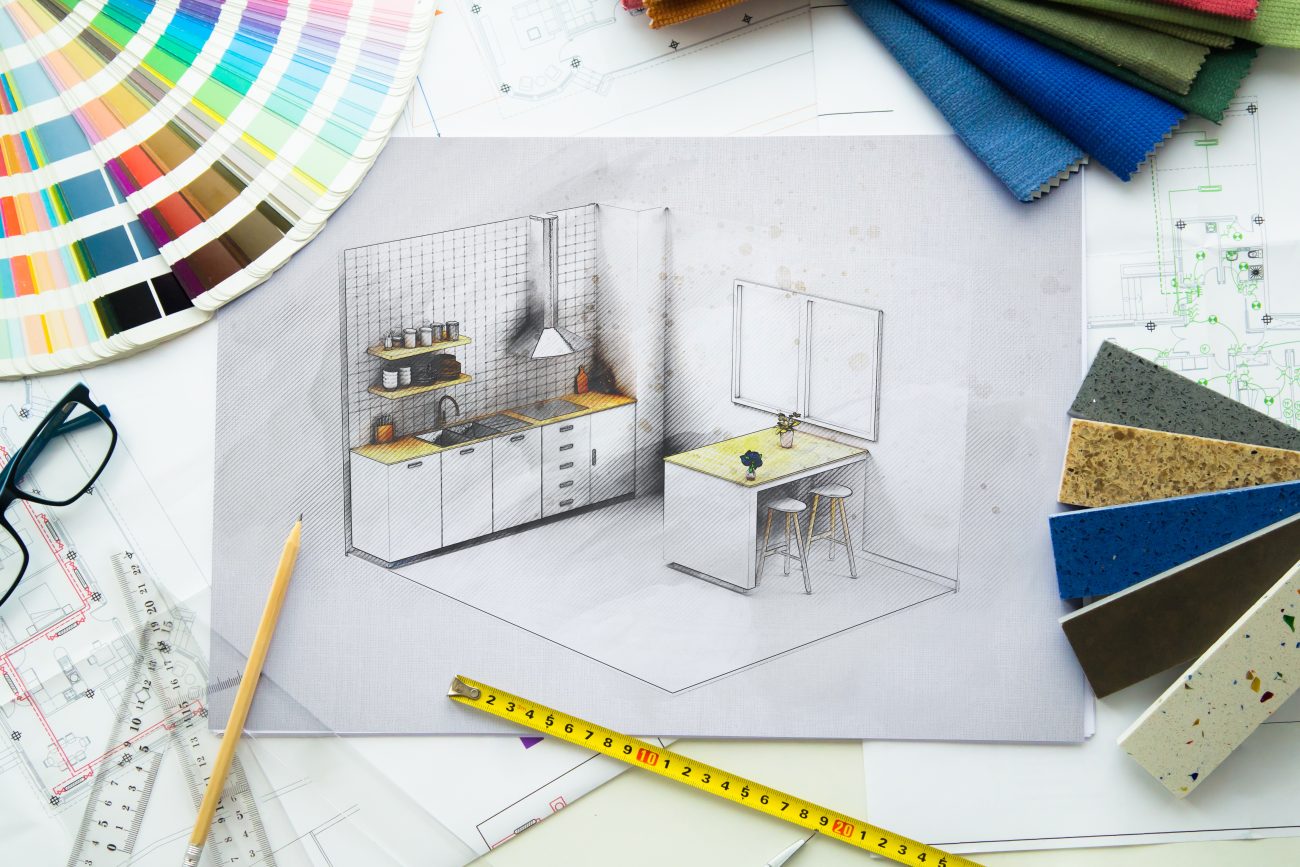 Top view of interior design kitchen draft desktop